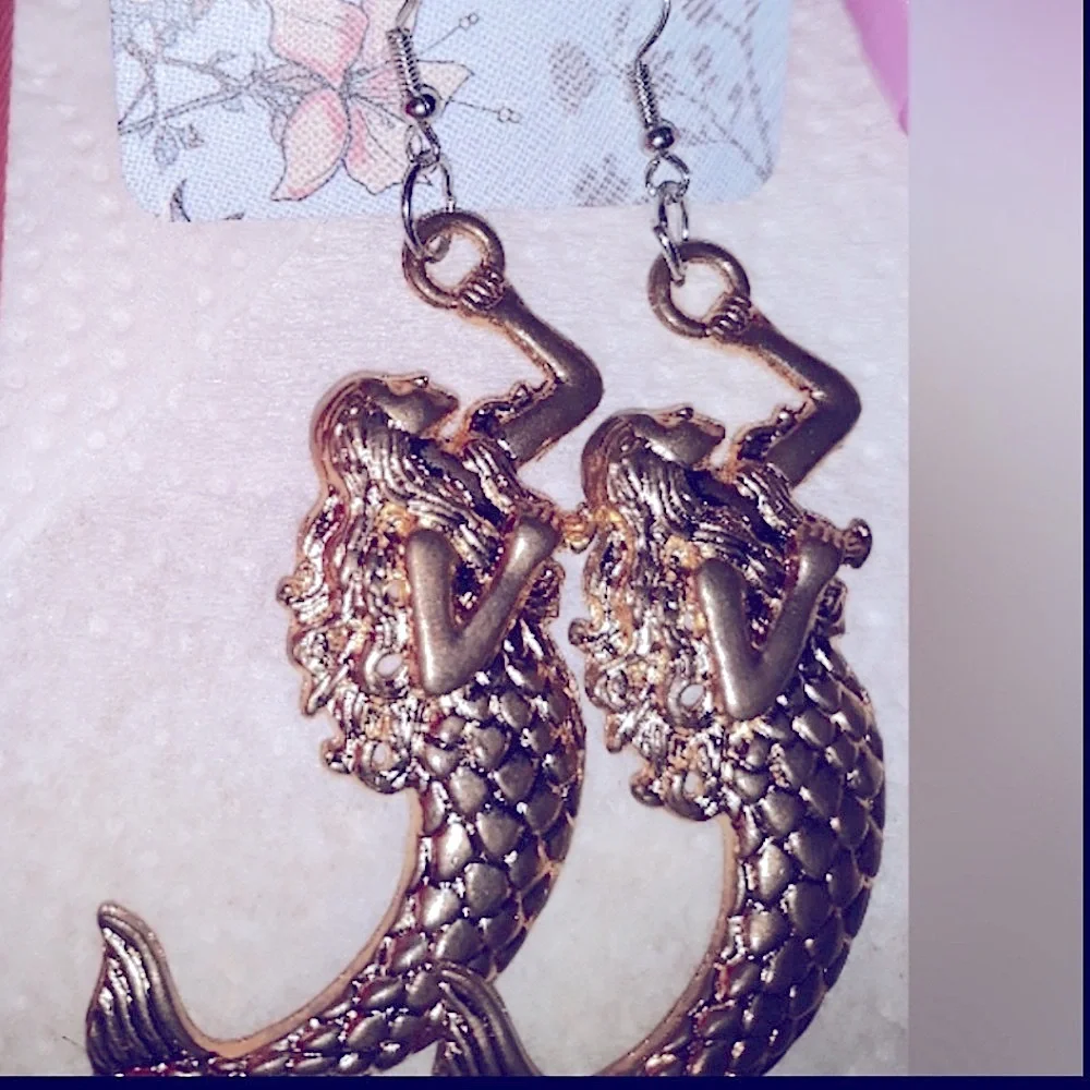 Gold Mermaid Dangle Earrings Hand Crafted NEW